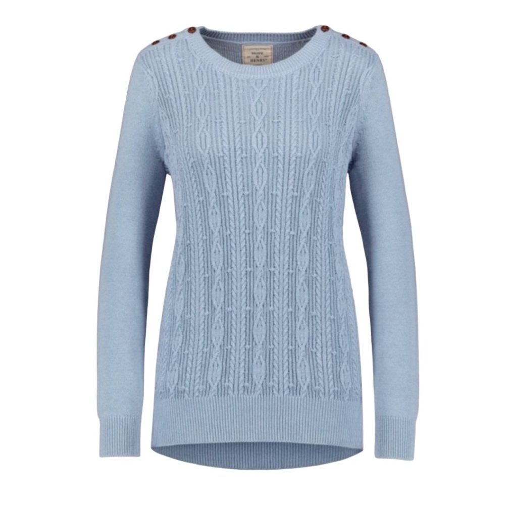 NWOT Organic Cotton Cable Sweater with Button Detail in Dusty Blue Size XL